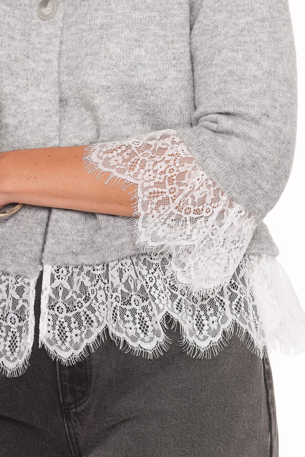 Petal and Pup USA KNITWEAR Helga Lace Trim Cardigan - Grey