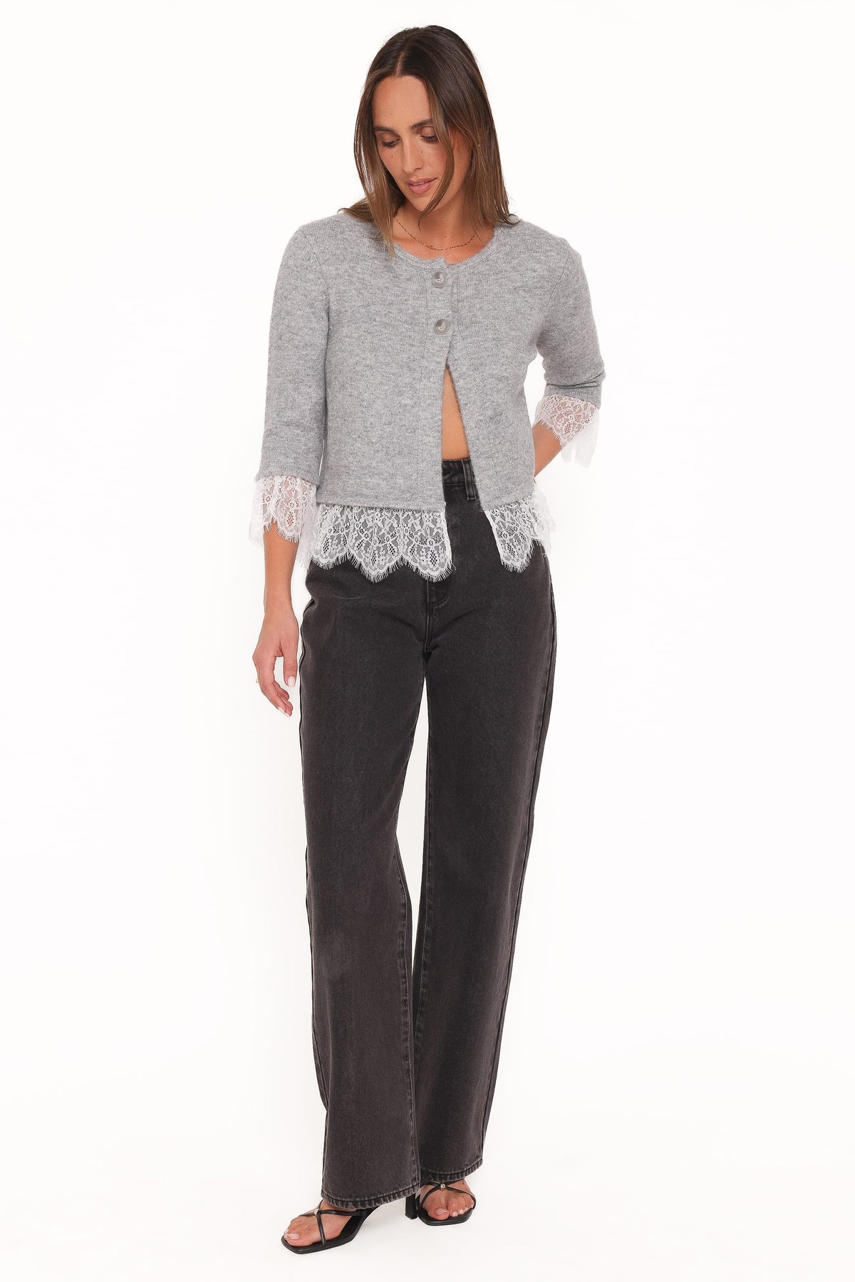 Petal and Pup USA KNITWEAR Helga Lace Trim Cardigan - Grey