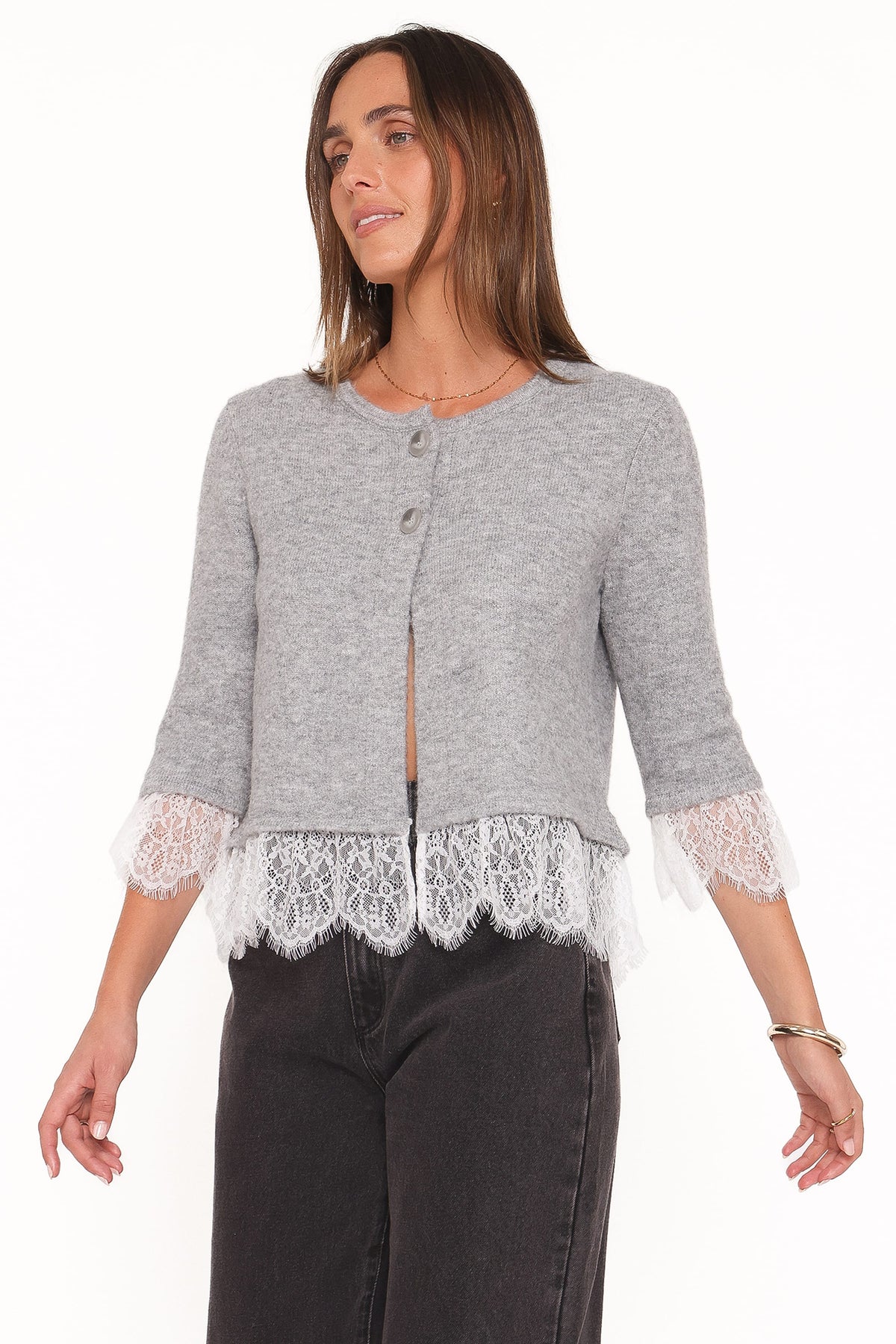 Petal and Pup USA KNITWEAR Helga Lace Trim Cardigan - Grey