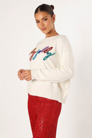Petal and Pup USA KNITWEAR Holly Jolly Embellished Knit Sweater - Cream