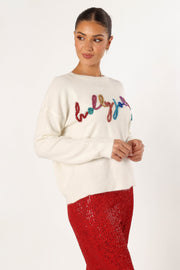 Petal and Pup USA KNITWEAR Holly Jolly Embellished Knit Sweater - Cream