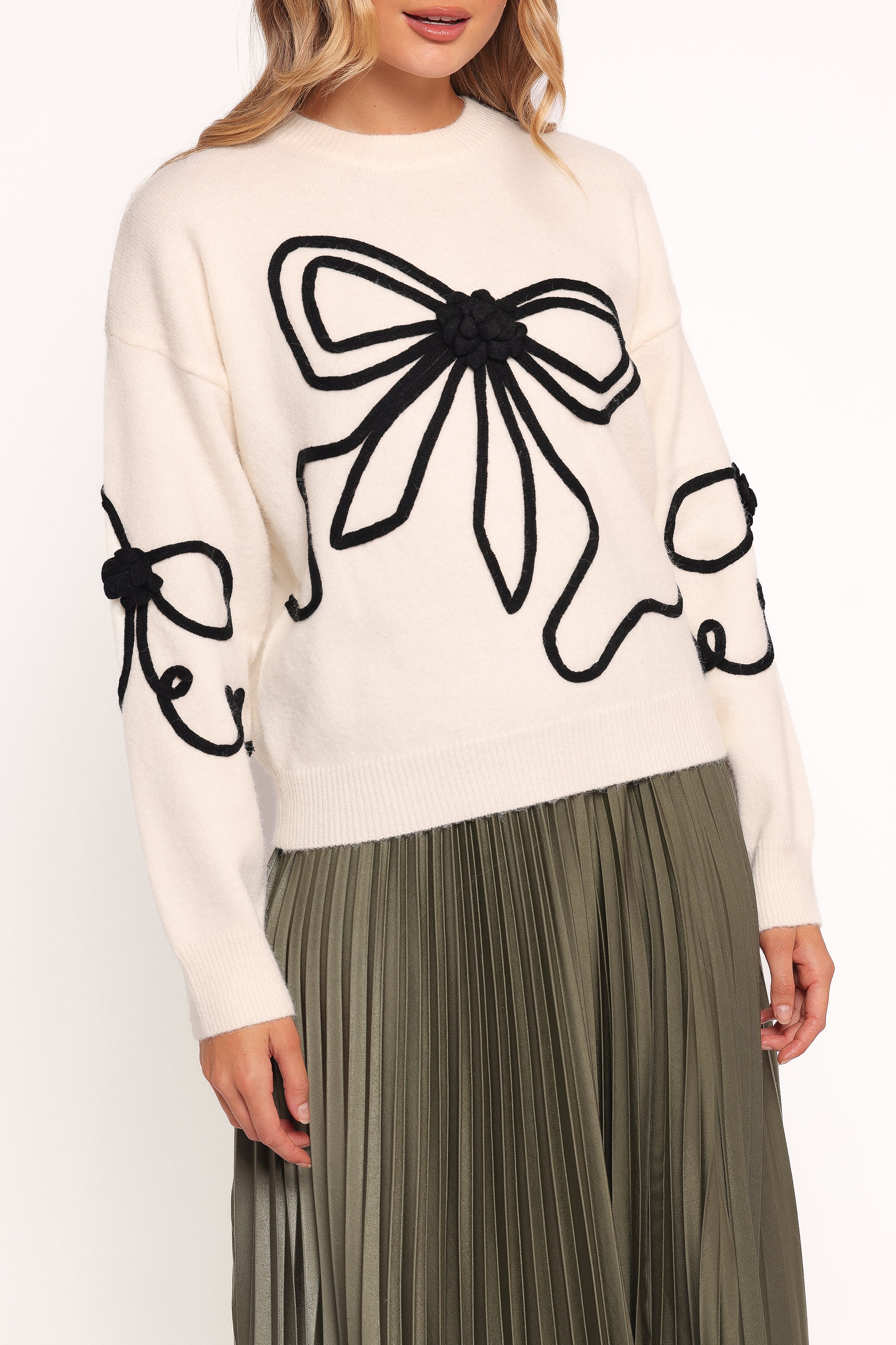 Petal and Pup USA KNITWEAR Isiora Bow Embroidered Knit Sweater - Cream