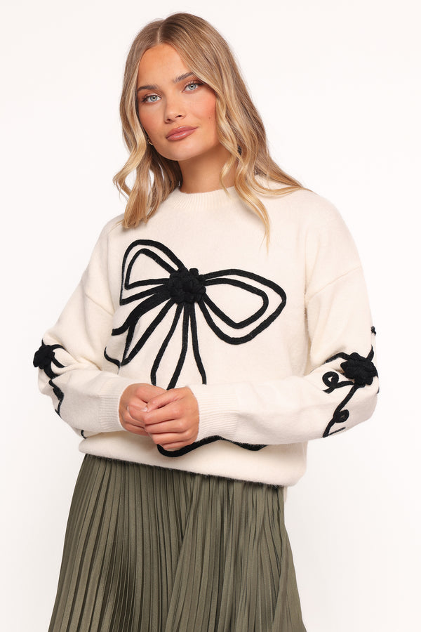 Petal and Pup USA KNITWEAR Isiora Bow Embroidered Knit Sweater - Cream