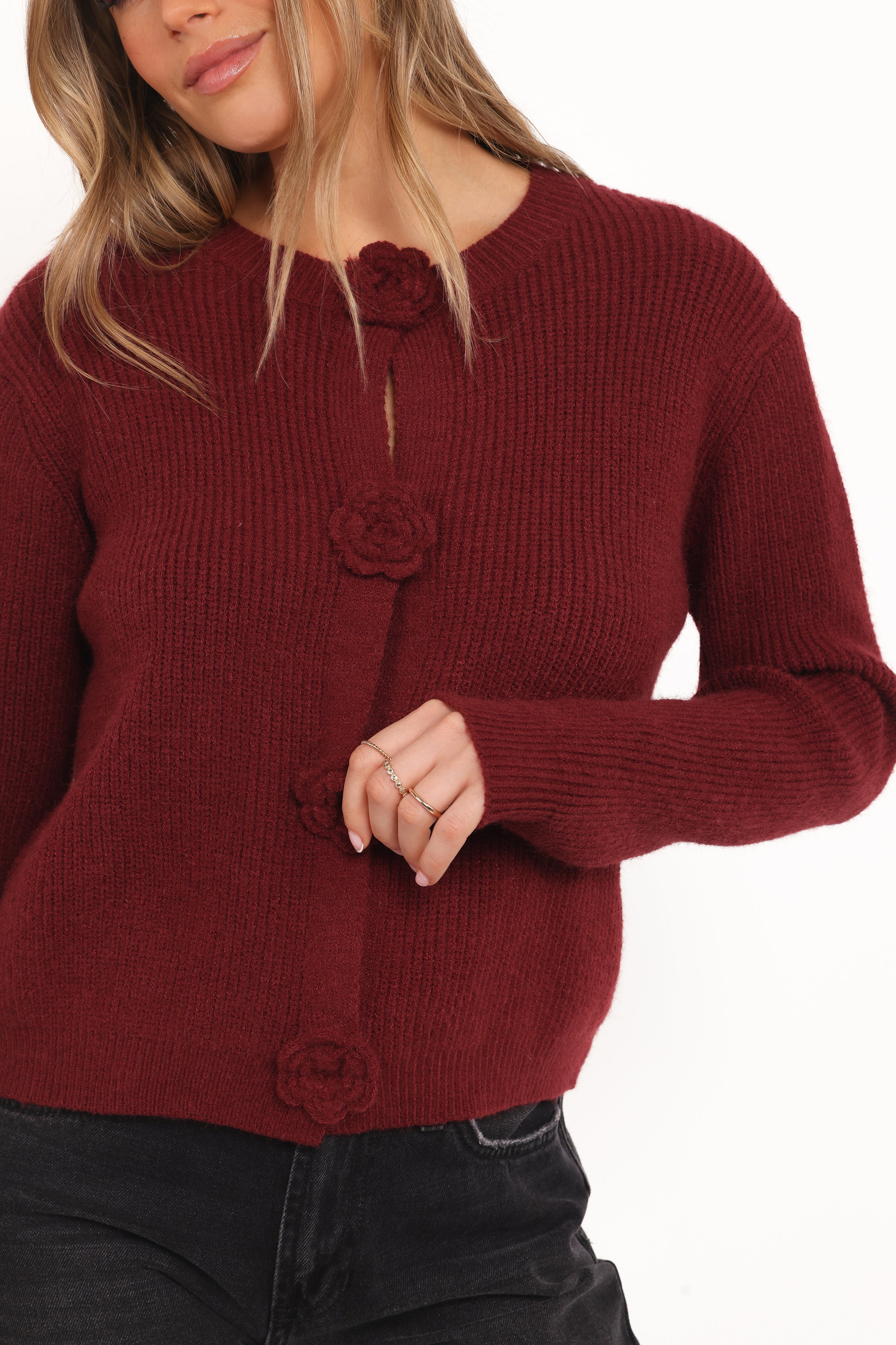 Petal and Pup USA KNITWEAR Jones Rosette Cardigan - Burgundy