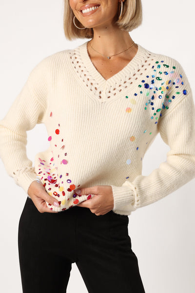 Journee Jewel Embellished V Neck Knit Sweater - Cream - Petal