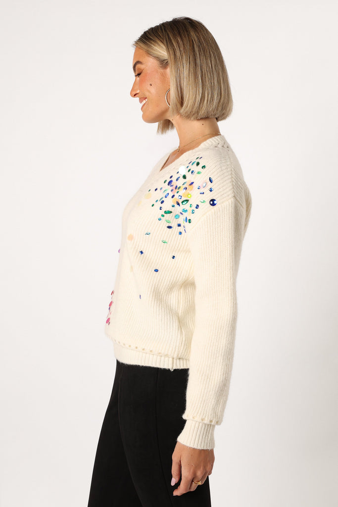 Journee Jewel Embellished V Neck Knit Sweater - Cream