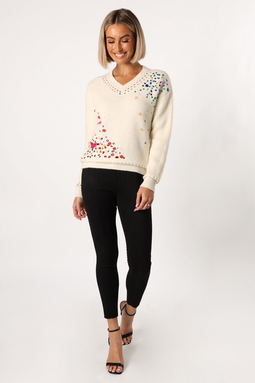Journee Jewel Embellished V Neck Knit Sweater - Cream - Petal