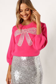 Petal and Pup USA KNITWEAR June Embellished Bow Knit Sweater - Hot Pink