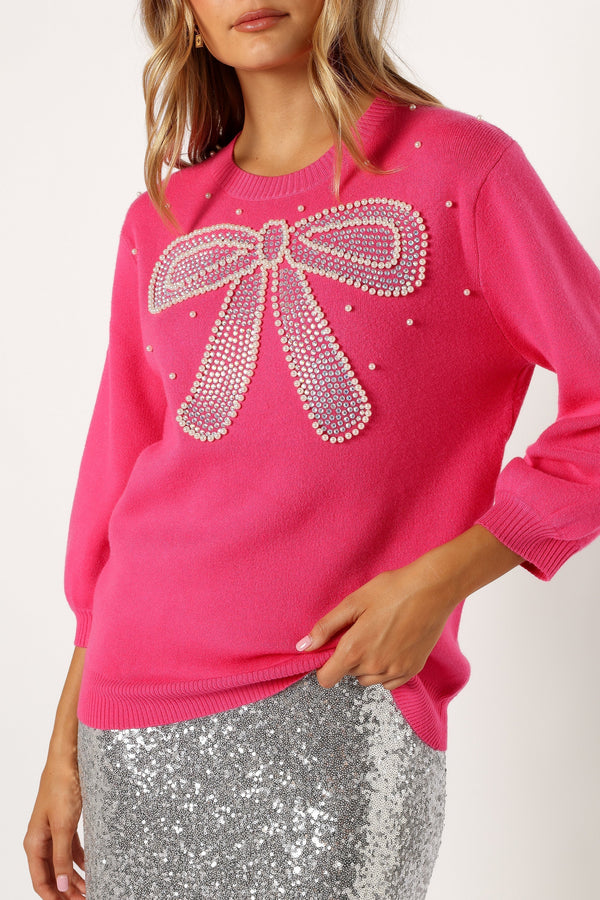 Petal and Pup USA KNITWEAR June Embellished Bow Knit Sweater - Hot Pink