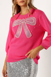 Petal and Pup USA KNITWEAR June Embellished Bow Knit Sweater - Hot Pink