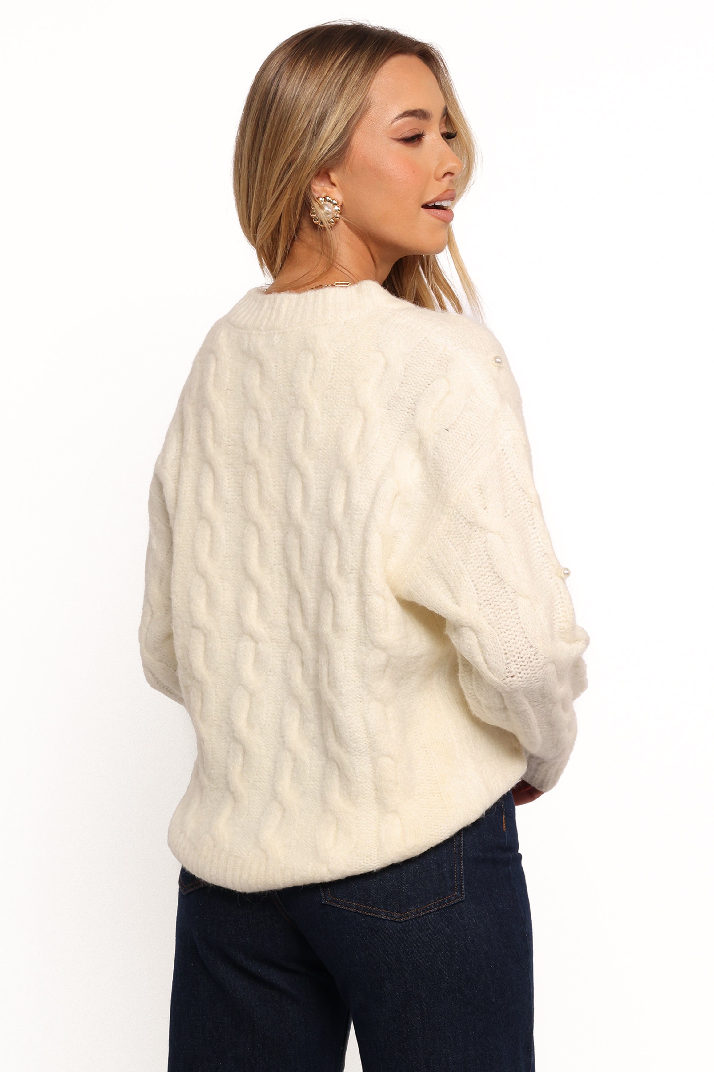 Petal and Pup USA KNITWEAR Kalai Cable Knit Pearl Detail Knit Sweater - Cream
