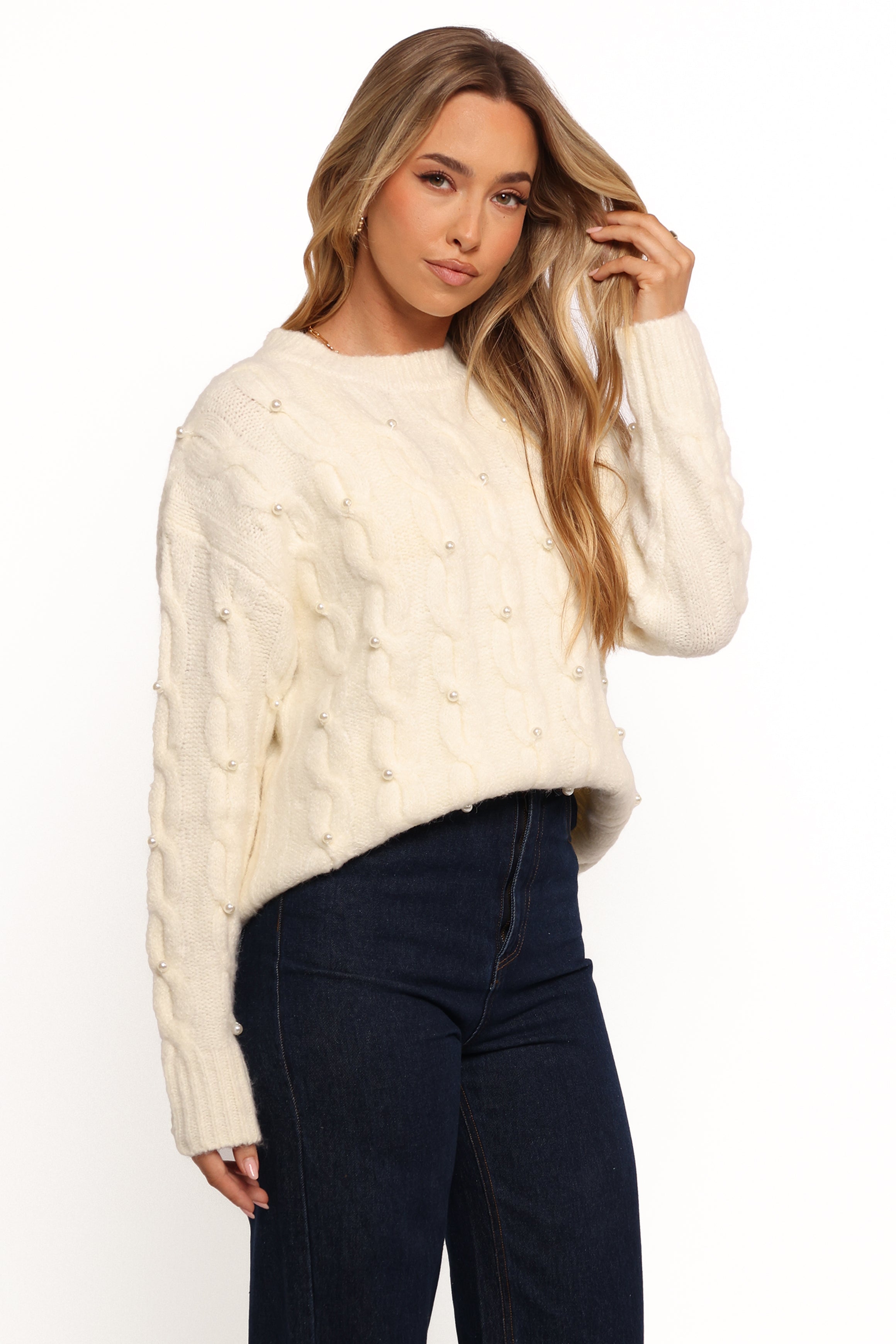 Petal and Pup USA KNITWEAR Kalai Cable Knit Pearl Detail Knit Sweater - Cream