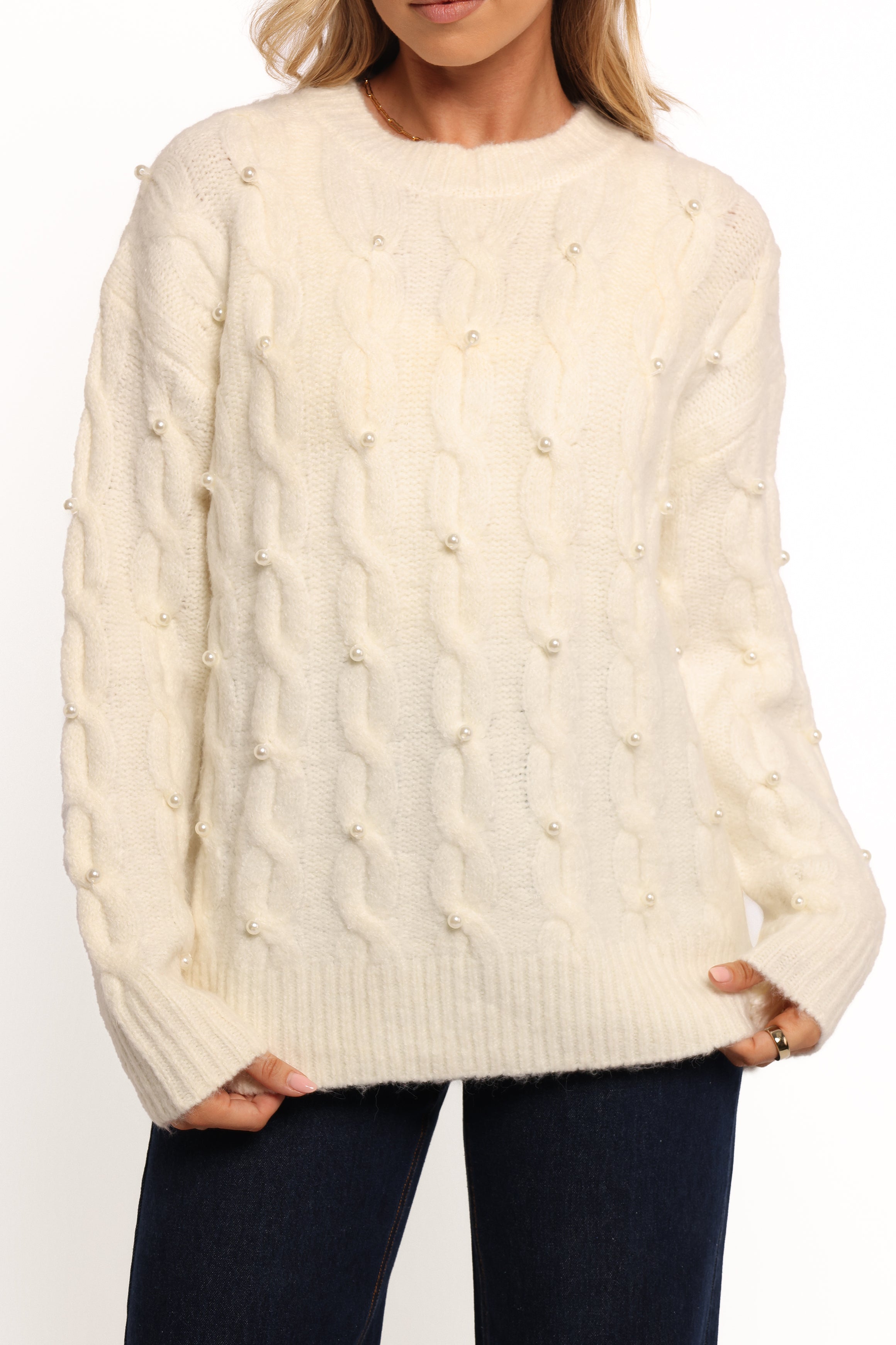 Petal and Pup USA KNITWEAR Kalai Cable Knit Pearl Detail Knit Sweater - Cream