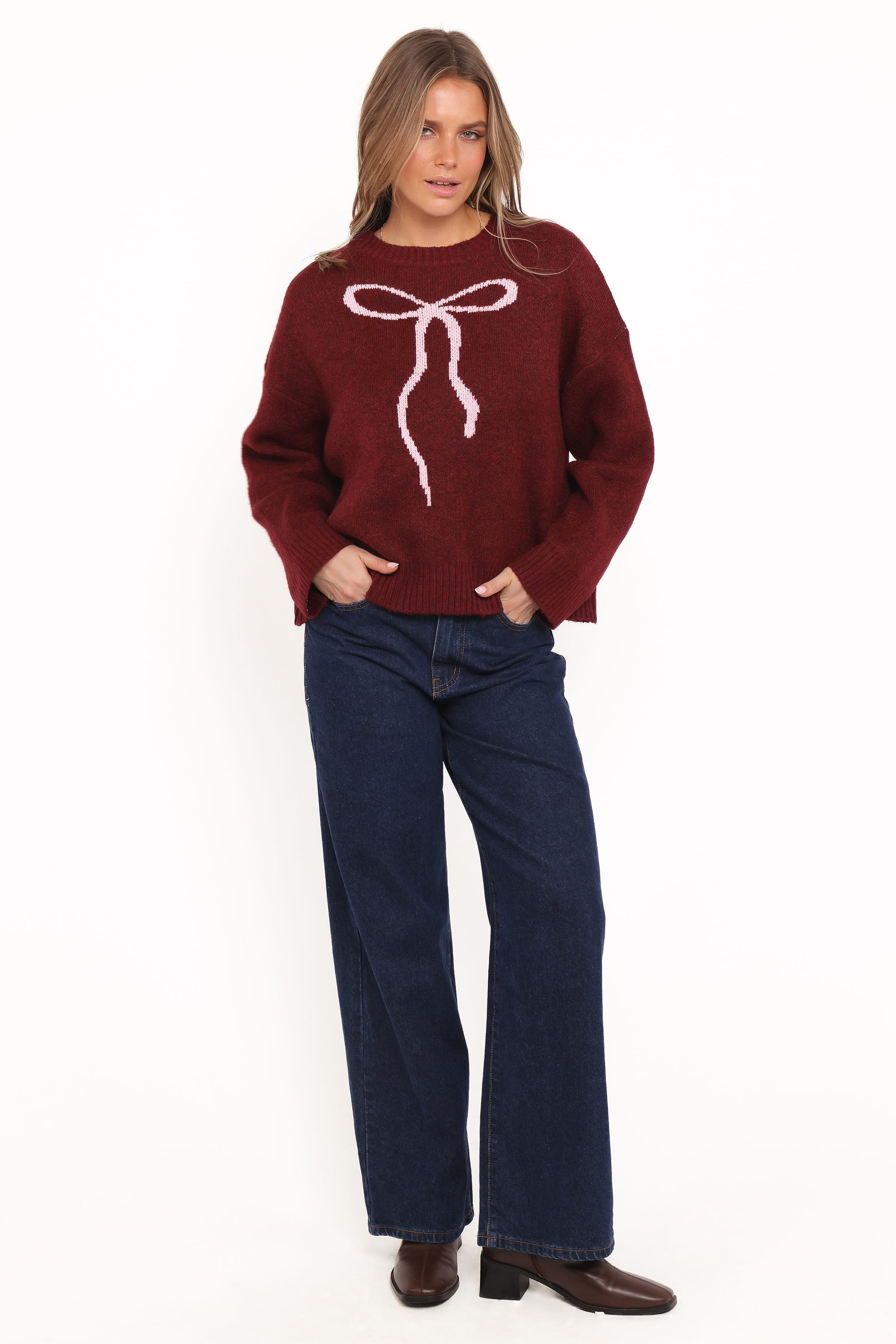 Petal and Pup USA KNITWEAR Kaori Bow Sweater - Burgundy