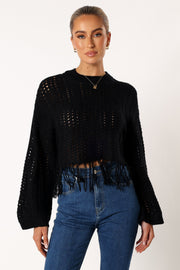 Katalina Fringe Crop Knit Sweater - Black - Petal & Pup USA