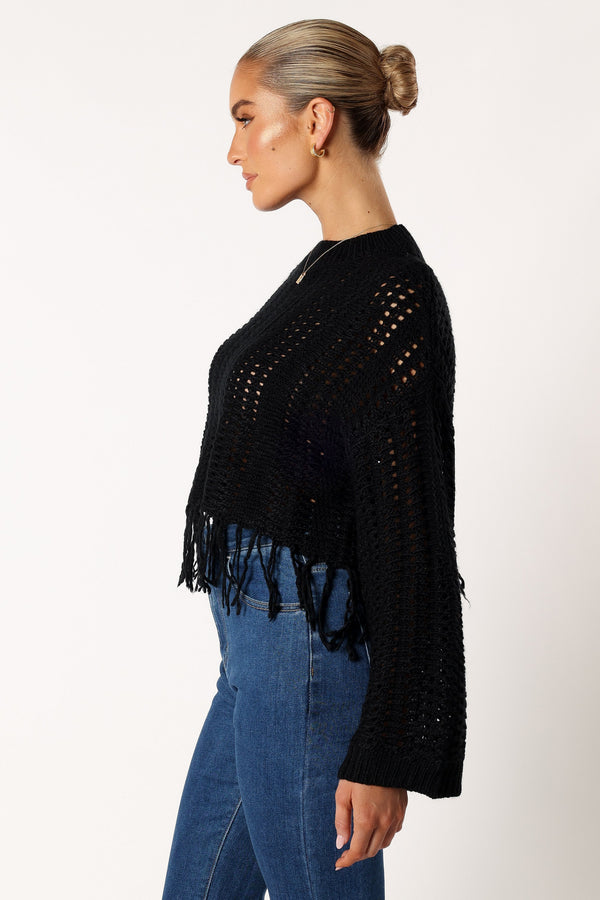 Petal and Pup USA KNITWEAR Katalina Fringe Crop Knit Sweater - Black