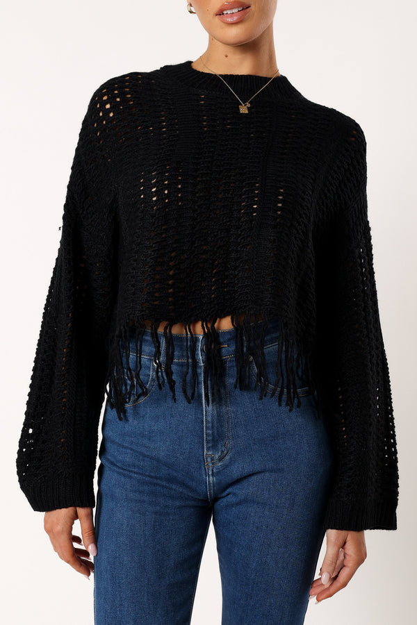 Petal and Pup USA KNITWEAR Katalina Fringe Crop Knit Sweater - Black