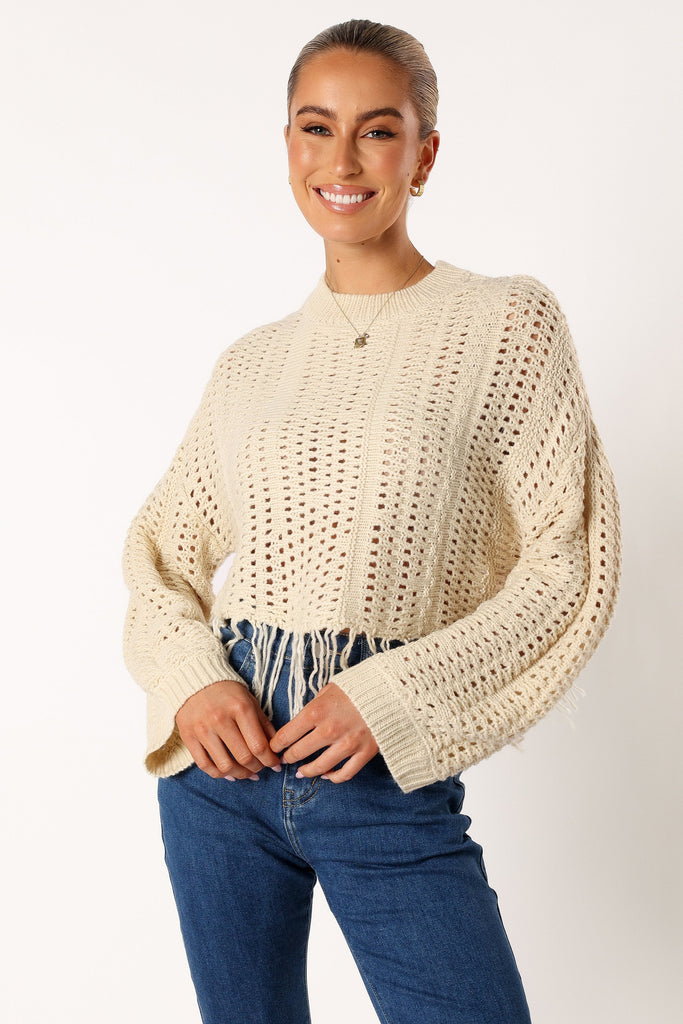 Katalina Fringe Crop Knit Sweater - Cream