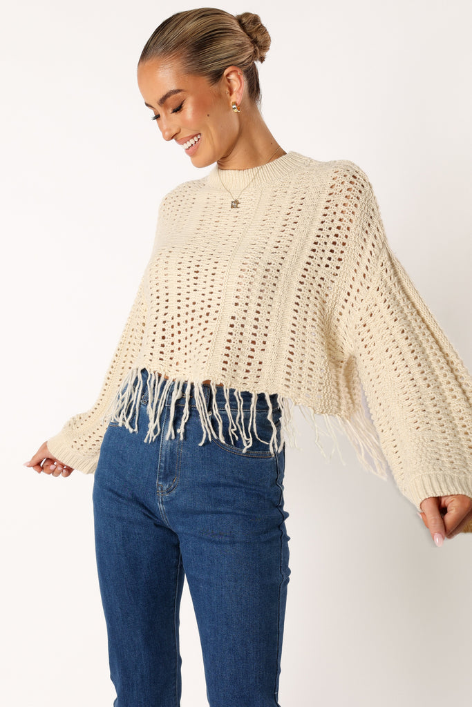 Katalina Fringe Crop Knit Sweater - Cream - Petal & Pup USA