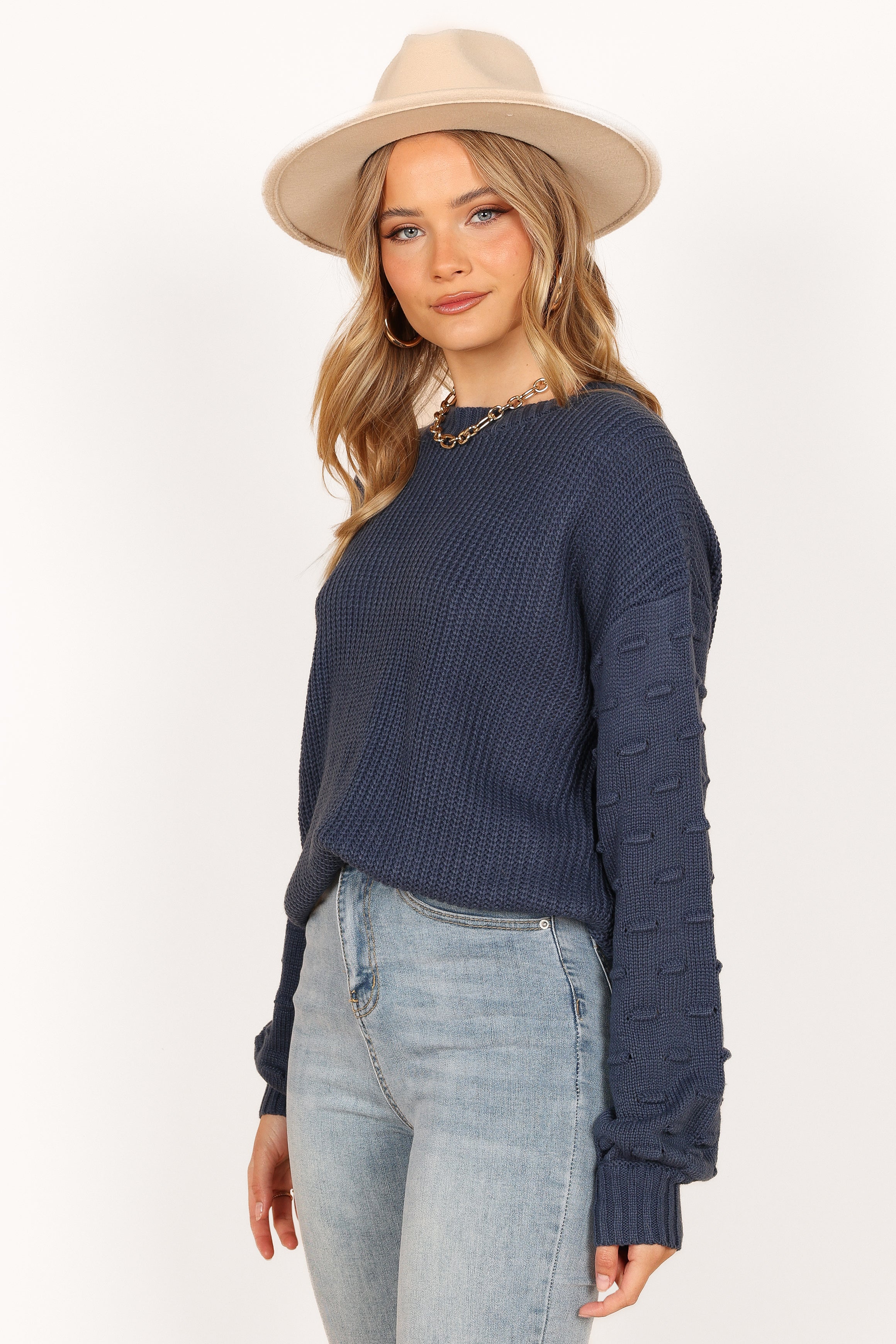 Petal and Pup USA KNITWEAR Katrina Textured Sleeve Crewneck Knit Sweater - Midnight Blue