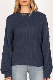 Petal and Pup USA KNITWEAR Katrina Textured Sleeve Crewneck Knit Sweater - Midnight Blue