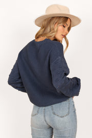 Petal and Pup USA KNITWEAR Katrina Textured Sleeve Crewneck Knit Sweater - Midnight Blue