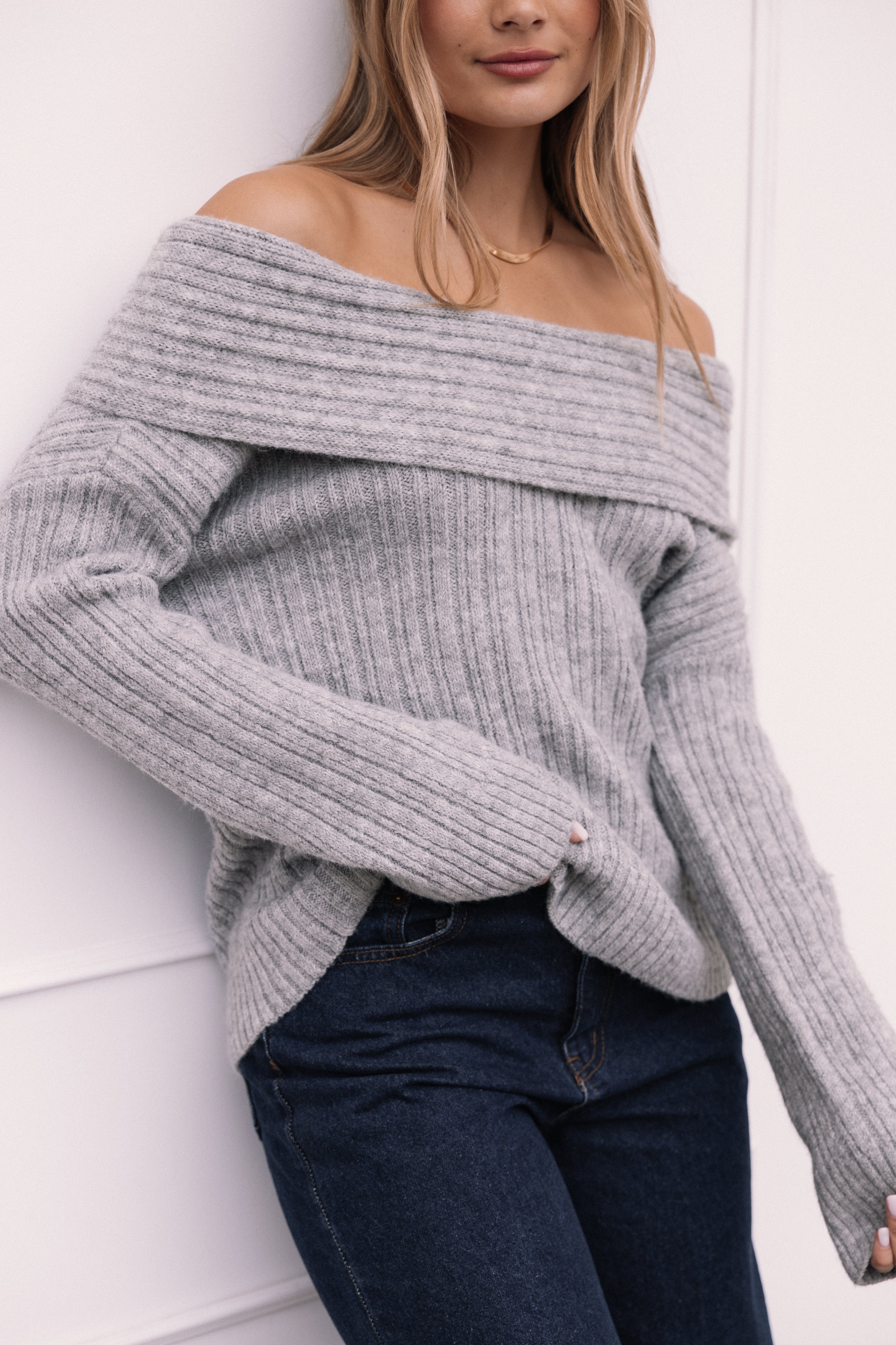 Petal and Pup USA KNITWEAR Kenny Off Shoulder Knit Sweater - Grey
