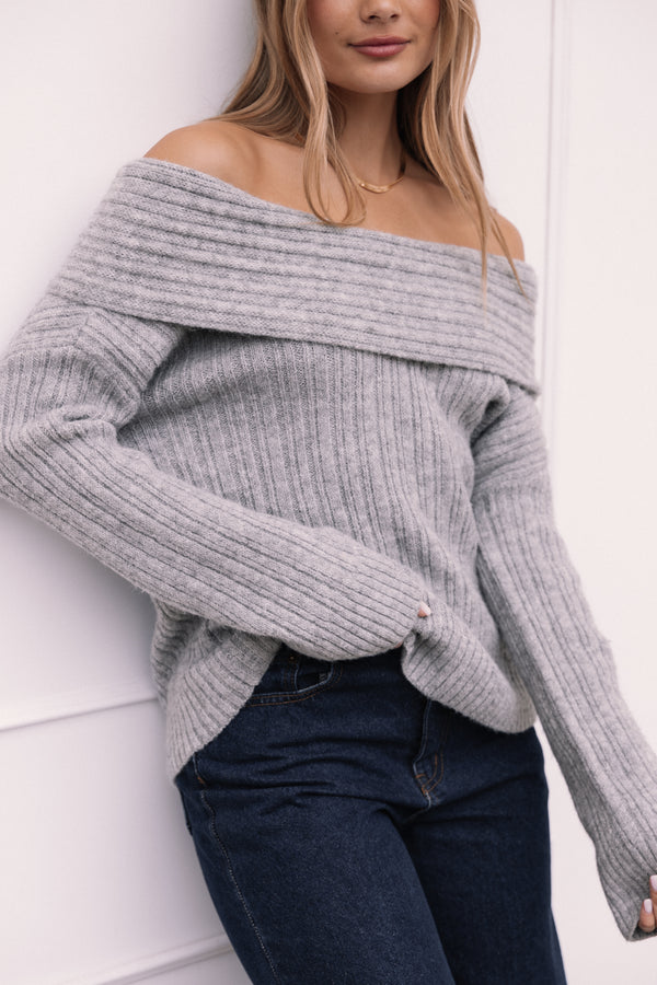 Petal and Pup USA KNITWEAR Kenny Off Shoulder Knit Sweater - Grey