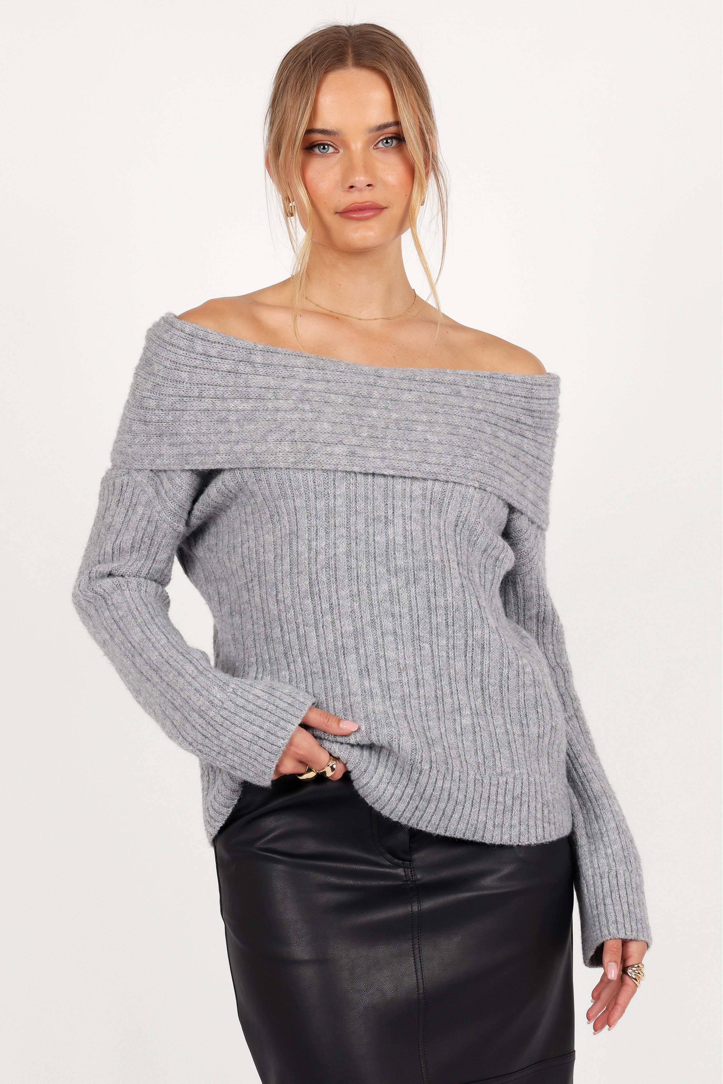 Petal and Pup USA KNITWEAR Kenny Off Shoulder Knit Sweater - Grey