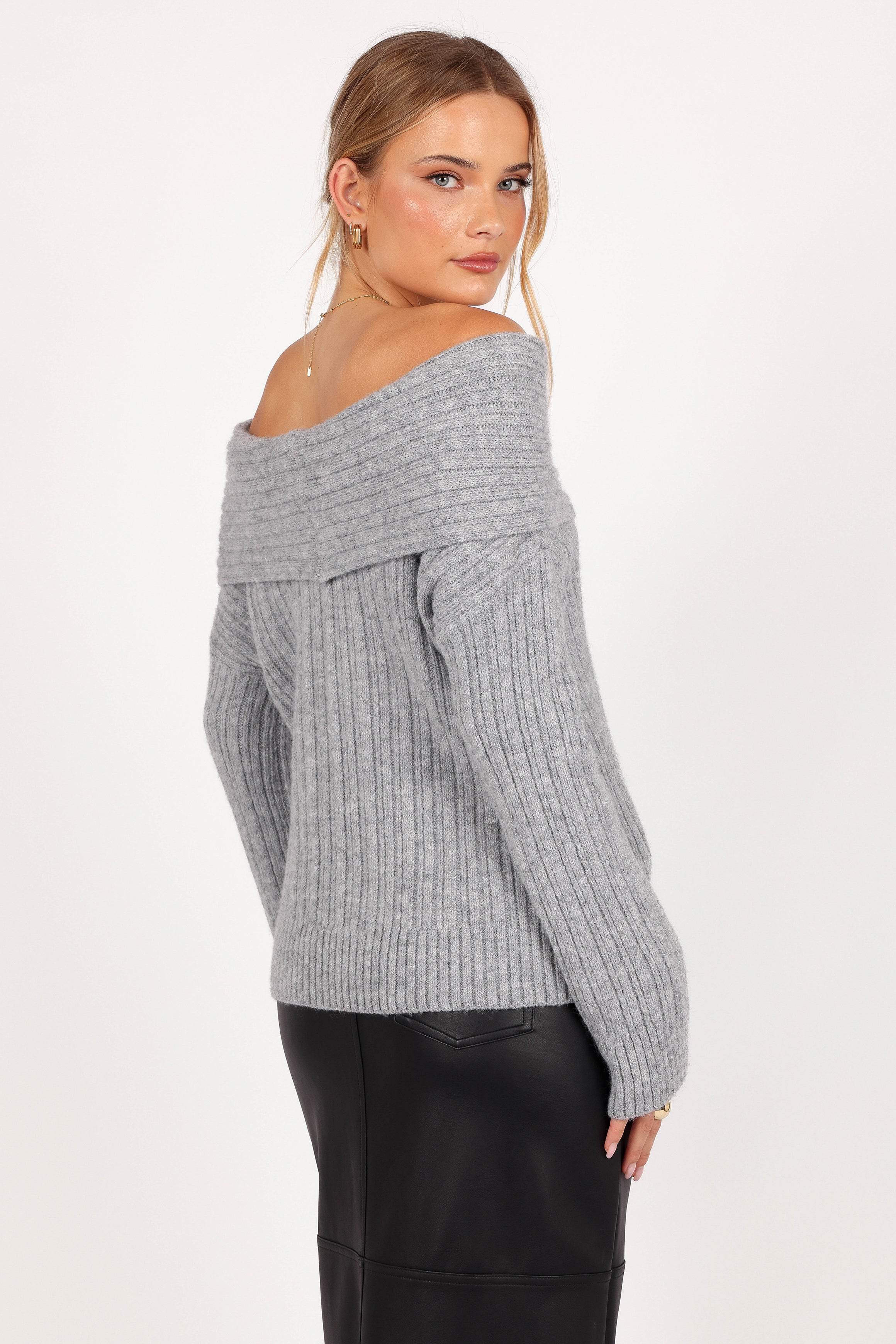Petal and Pup USA KNITWEAR Kenny Off Shoulder Knit Sweater - Grey