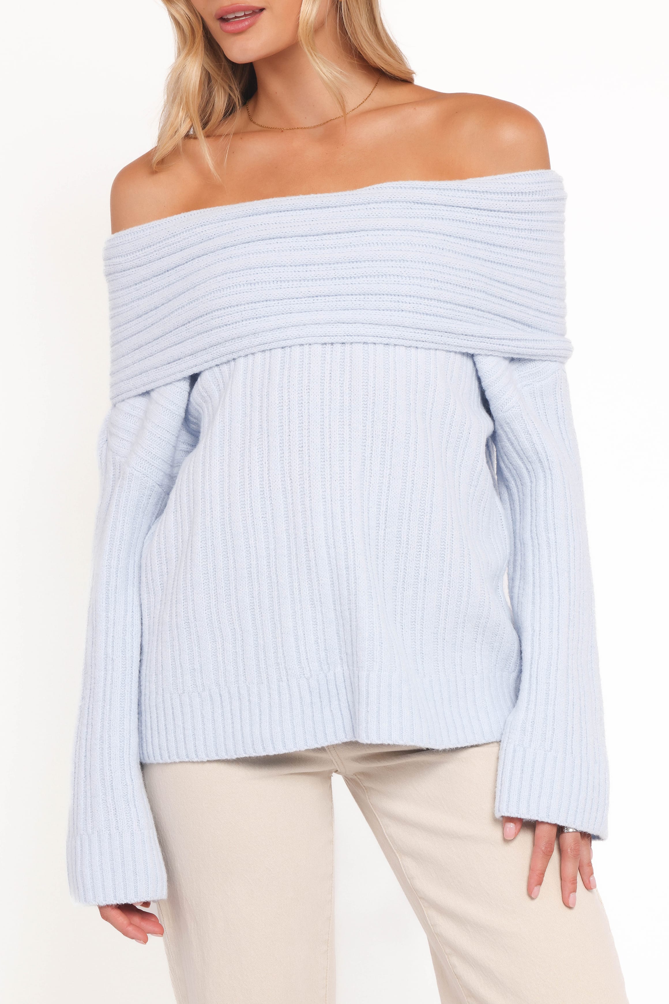 Petal and Pup USA KNITWEAR Kenny Off Shoulder Knit Sweater - Pale Blue