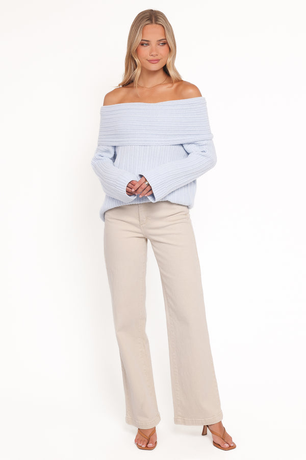 Petal and Pup USA KNITWEAR Kenny Off Shoulder Knit Sweater - Pale Blue