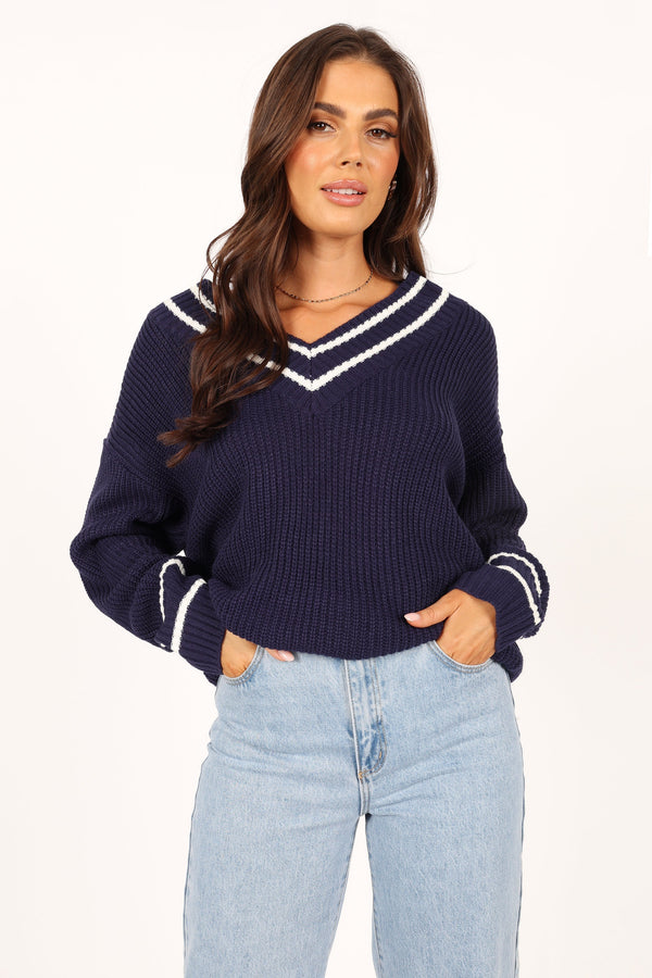 Petal and Pup USA KNITWEAR Leanna Vneck Knit Sweater - Navy