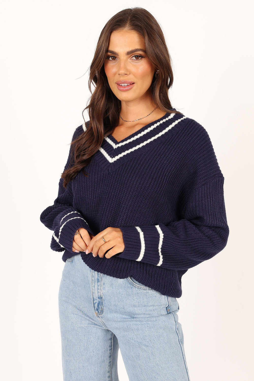 Petal and Pup USA KNITWEAR Leanna Vneck Knit Sweater - Navy
