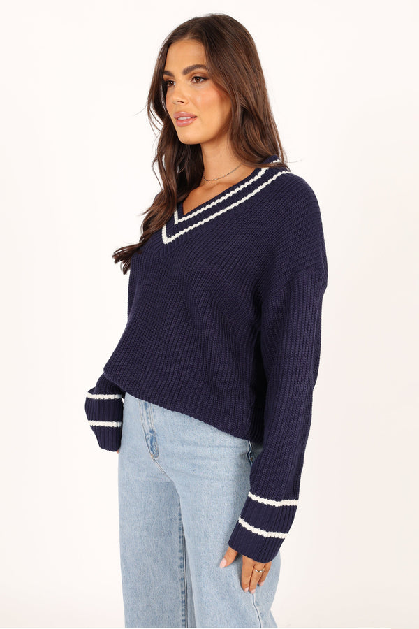 Petal and Pup USA KNITWEAR Leanna Vneck Knit Sweater - Navy