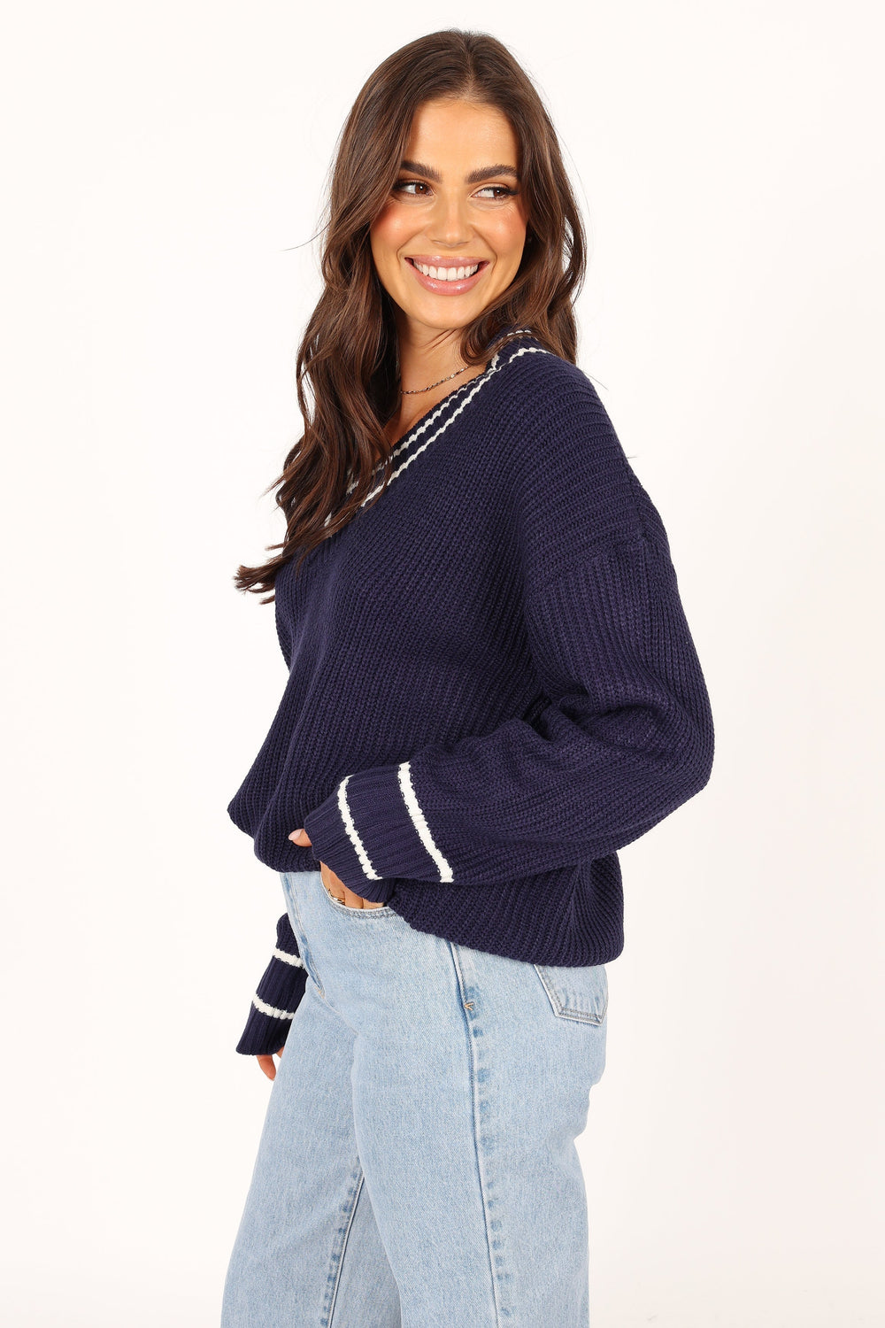 Petal and Pup USA KNITWEAR Leanna Vneck Knit Sweater - Navy