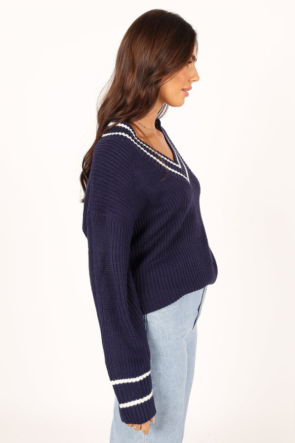 Petal and Pup USA KNITWEAR Leanna Vneck Knit Sweater - Navy