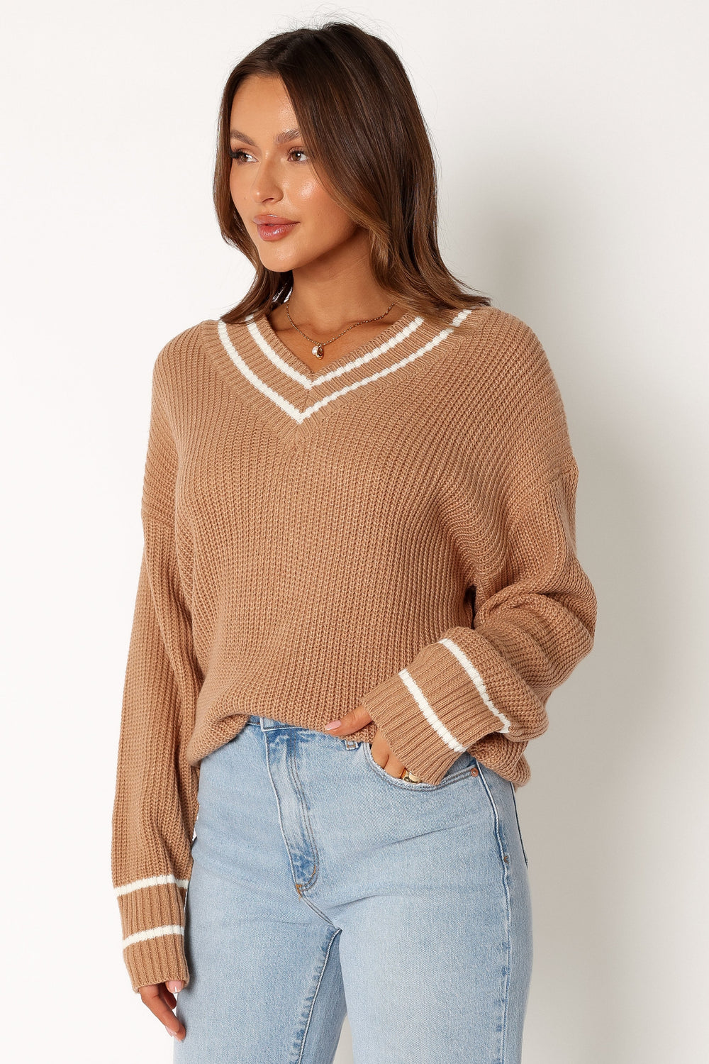 Petal and Pup USA KNITWEAR Leanna Vneck Knit Sweater - Taupe