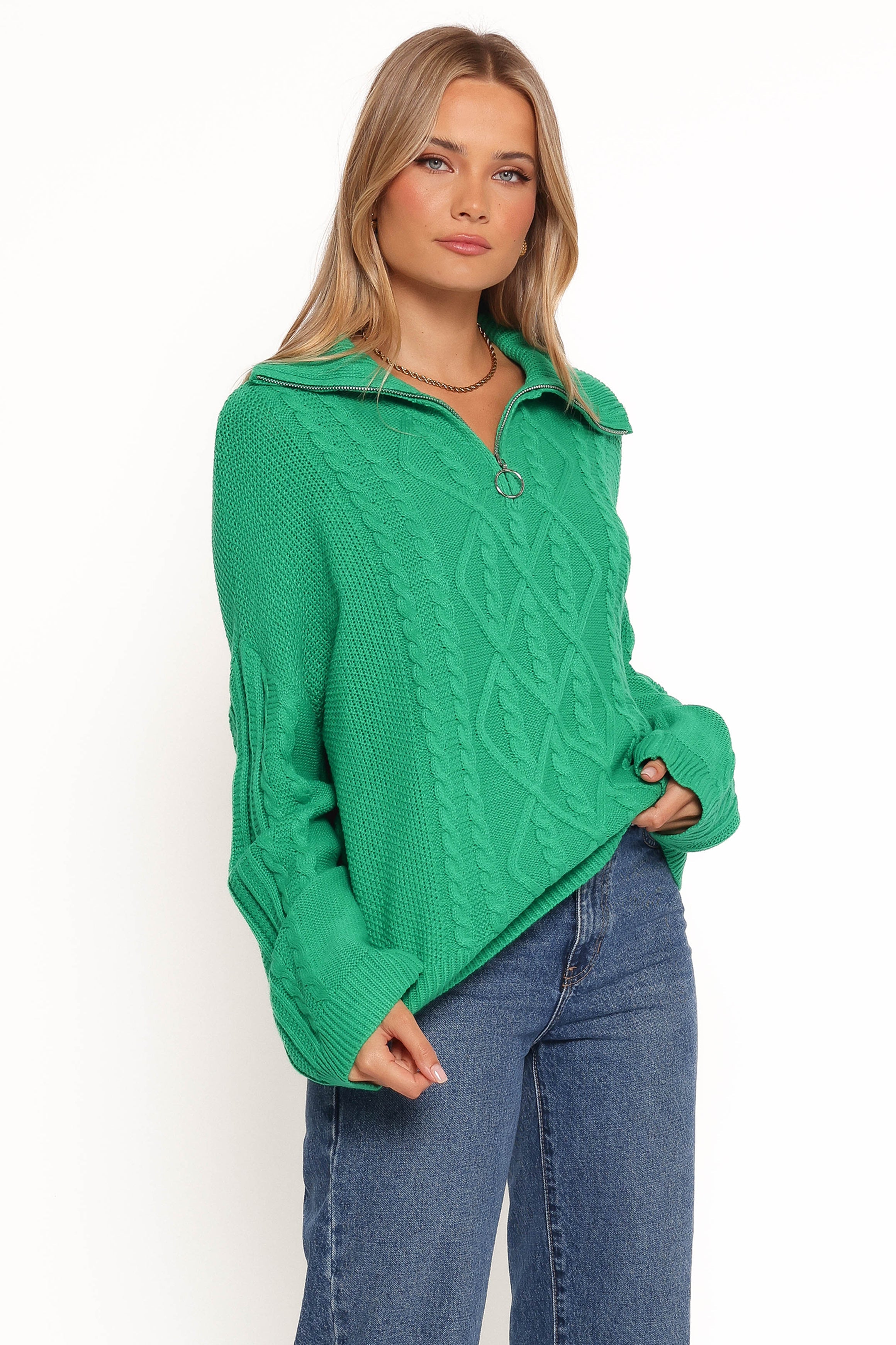 Petal and Pup USA KNITWEAR Leon Quarter Zip Cable Knit Sweater - Green