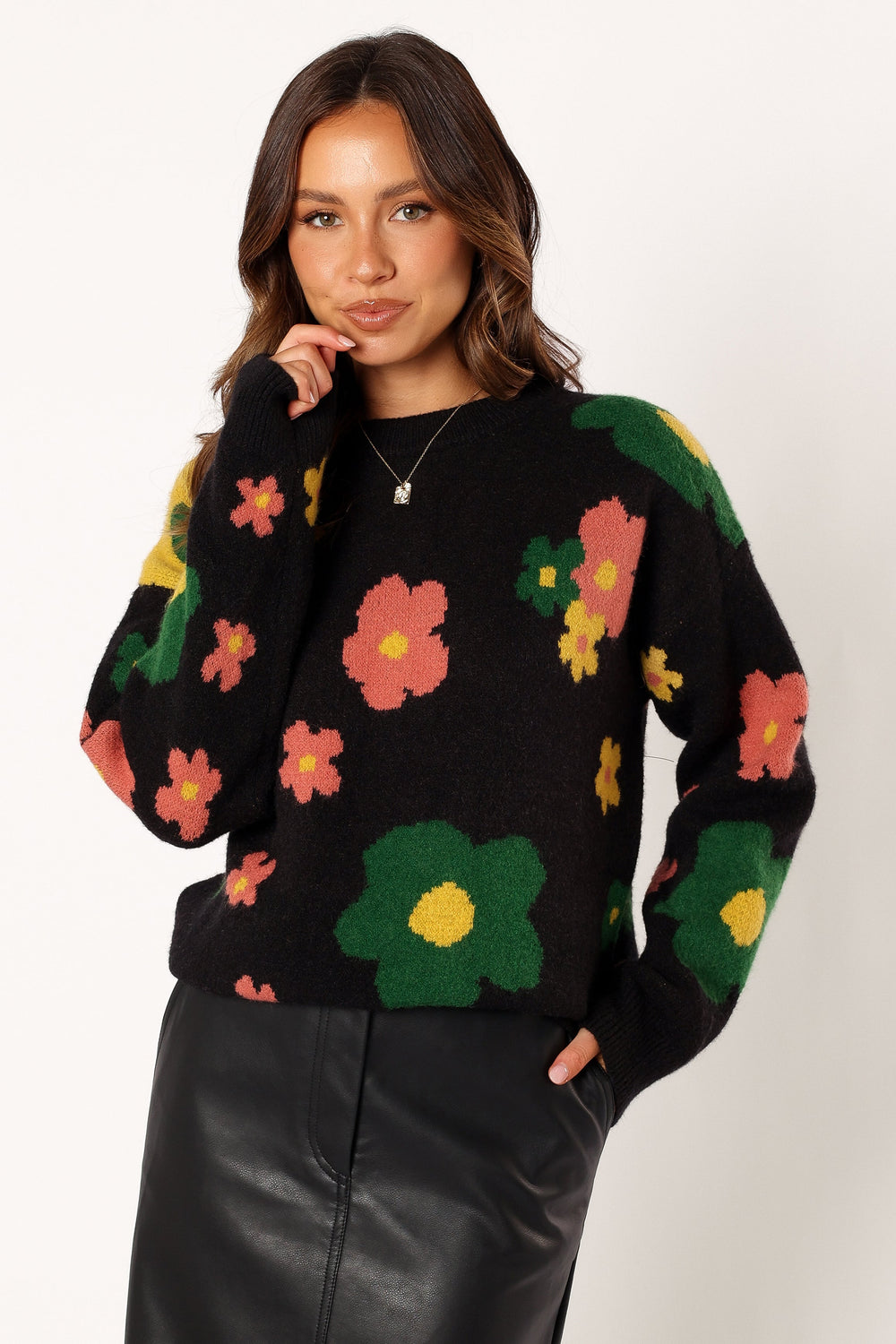 Petal and Pup USA KNITWEAR Lexie Multi Color Flower Knit Sweater - Black Multi
