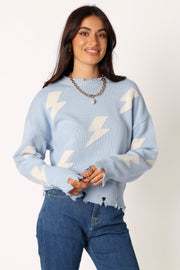 Petal and Pup USA KNITWEAR Lightning Bolt Printed Fray Detail Knit Sweater - Light Blue