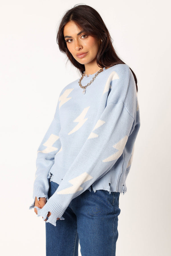 Petal and Pup USA KNITWEAR Lightning Bolt Printed Fray Detail Knit Sweater - Light Blue