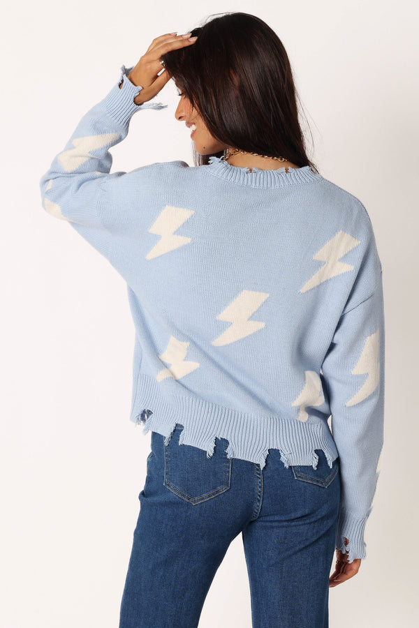 Petal and Pup USA KNITWEAR Lightning Bolt Printed Fray Detail Knit Sweater - Light Blue