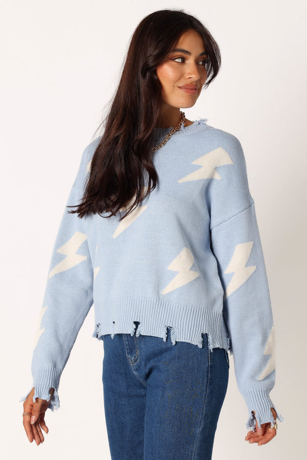 Petal and Pup USA KNITWEAR Lightning Bolt Printed Fray Detail Knit Sweater - Light Blue