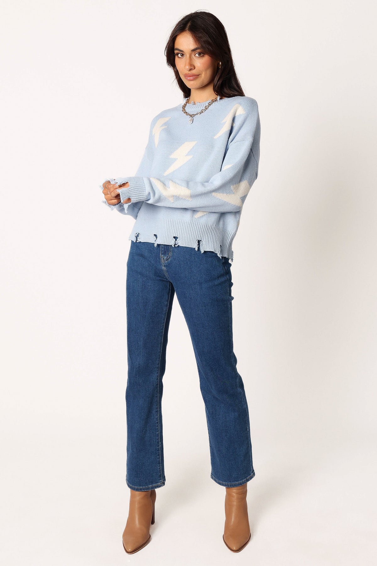 Lightning Bolt Printed Fray Detail Knit Sweater - Light Blue 