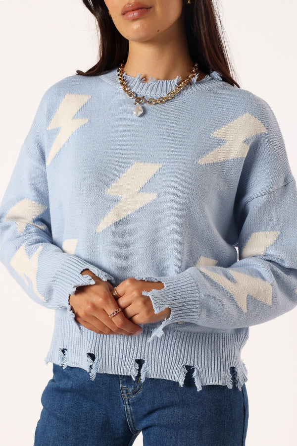 Petal and Pup USA KNITWEAR Lightning Bolt Printed Fray Detail Knit Sweater - Light Blue