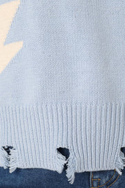 Petal and Pup USA KNITWEAR Lightning Bolt Printed Fray Detail Knit Sweater - Light Blue