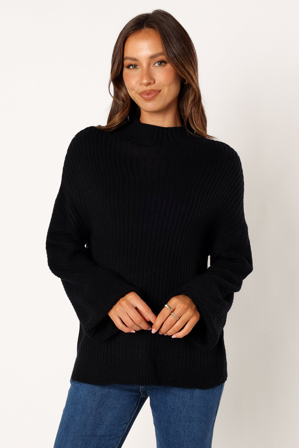 Petal and Pup USA KNITWEAR Lorelei Textured Sleeve Knit Sweater - Black