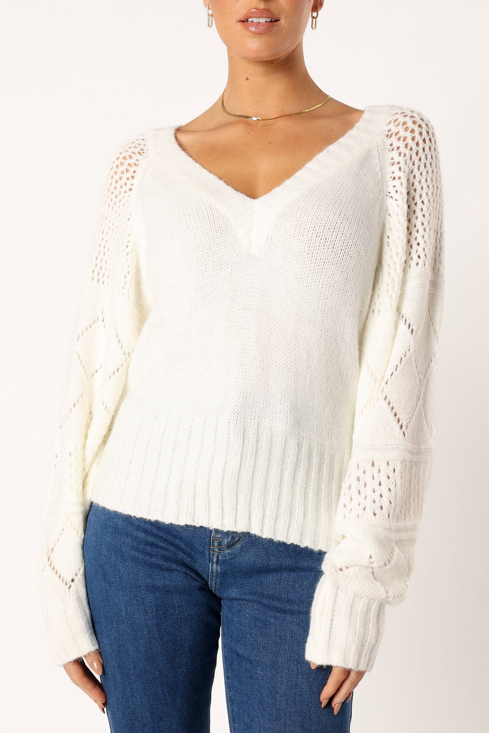 Petal and Pup USA KNITWEAR Lottie V Neck Texture Sleeve Knit Sweater - White