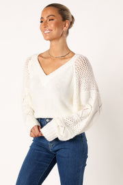 Petal and Pup USA KNITWEAR Lottie V Neck Texture Sleeve Knit Sweater - White